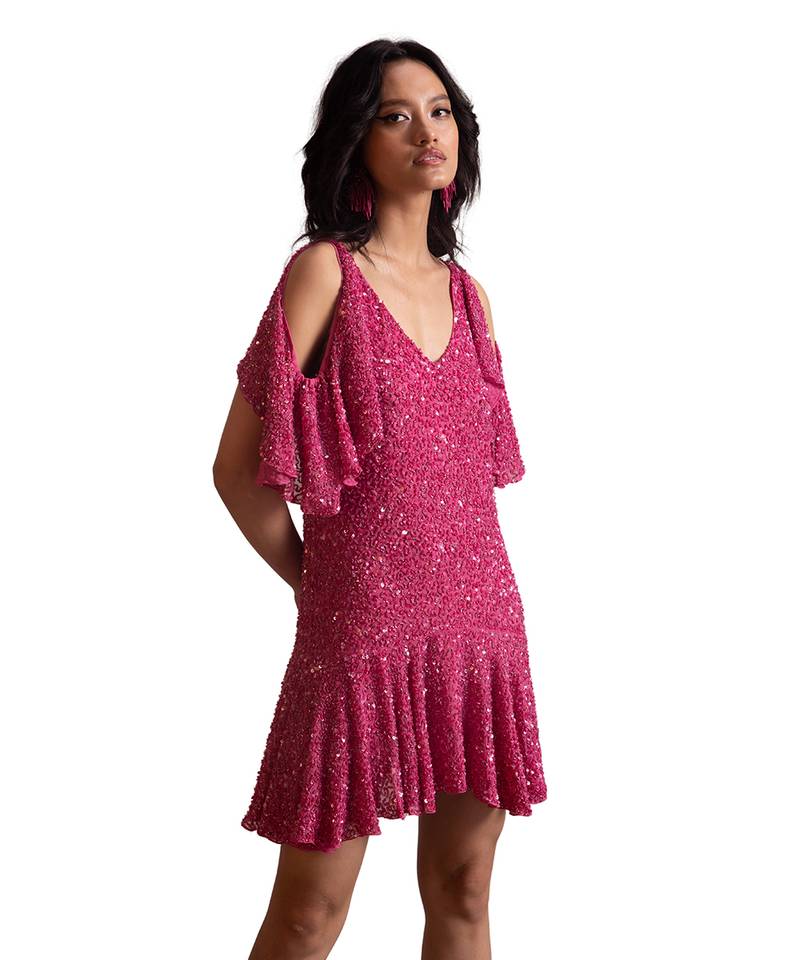 Beaded Cold Shoulder Dresss With Ruffled Hem