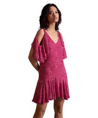 Beaded Cold Shoulder Dresss With Ruffled Hem 4