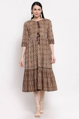Brown printed cotton short-dresses