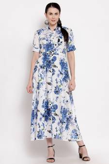 Blue printed viscose rayon maxi-dresses