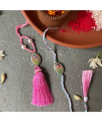 Tanjore Pearl Rakhi - Green and Pink 2