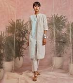 Blue And White Front Big Pockets Contrast Panel Kurta With Pant
