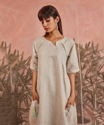White Linen Raglan Slant Placket Tunic With Pant  2