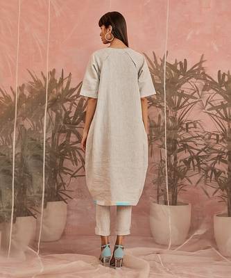 White Linen Raglan Slant Placket Tunic With Pant  3