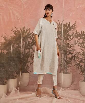 White Linen Raglan Slant Placket Tunic With Pant  5