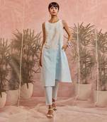 White And Blue Sleeveless Front Overlapping Kurta With Pant