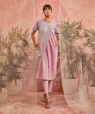 Purple And Pink Front Diagonal Gather Kurta With Pant  1
