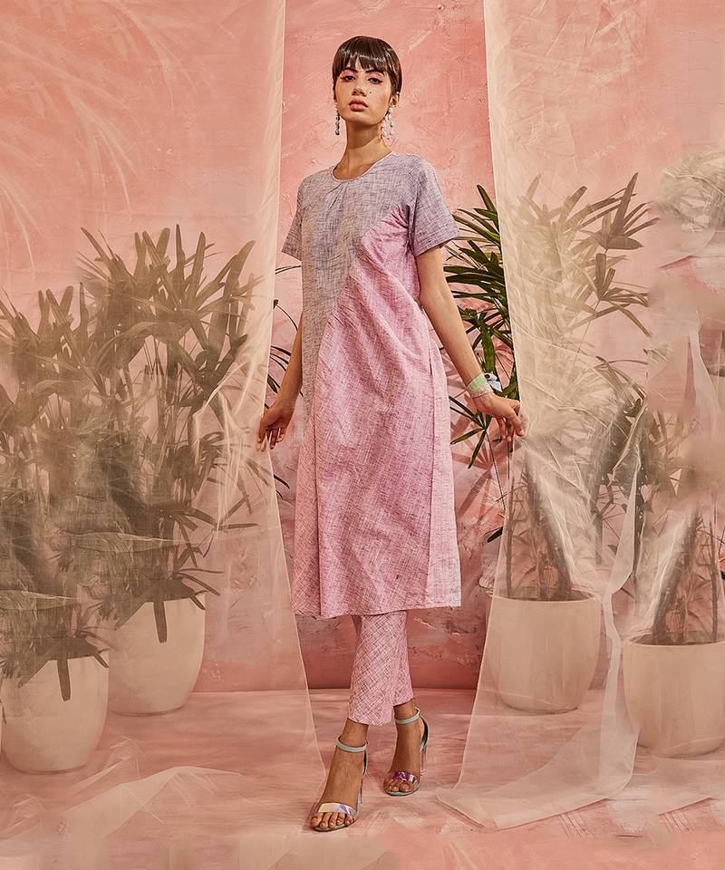 Purple And Pink Front Diagonal Gather Kurta With Pant 