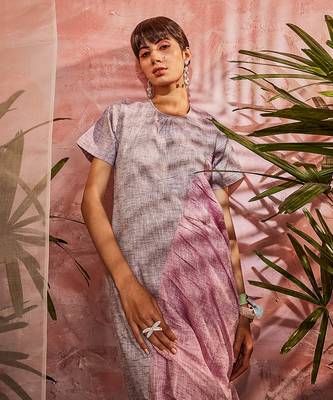 Purple And Pink Front Diagonal Gather Kurta With Pant  4