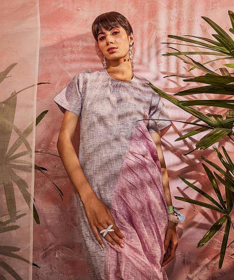 Purple And Pink Front Diagonal Gather Kurta With Pant 