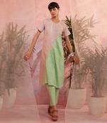 Green And Pink Front Diagonal Gather Kurta With Pant 