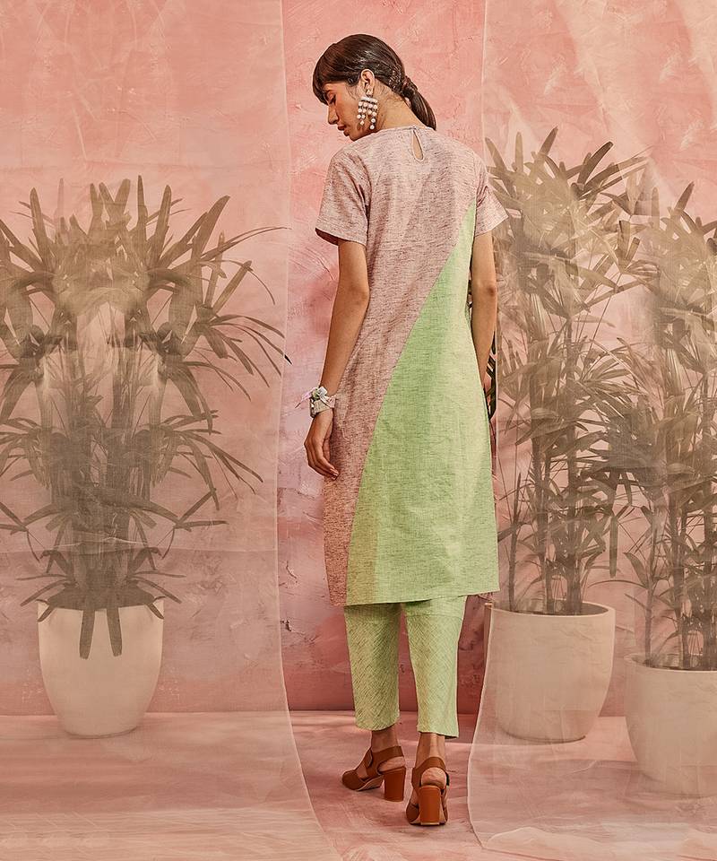 Green And Pink Front Diagonal Gather Kurta With Pant 