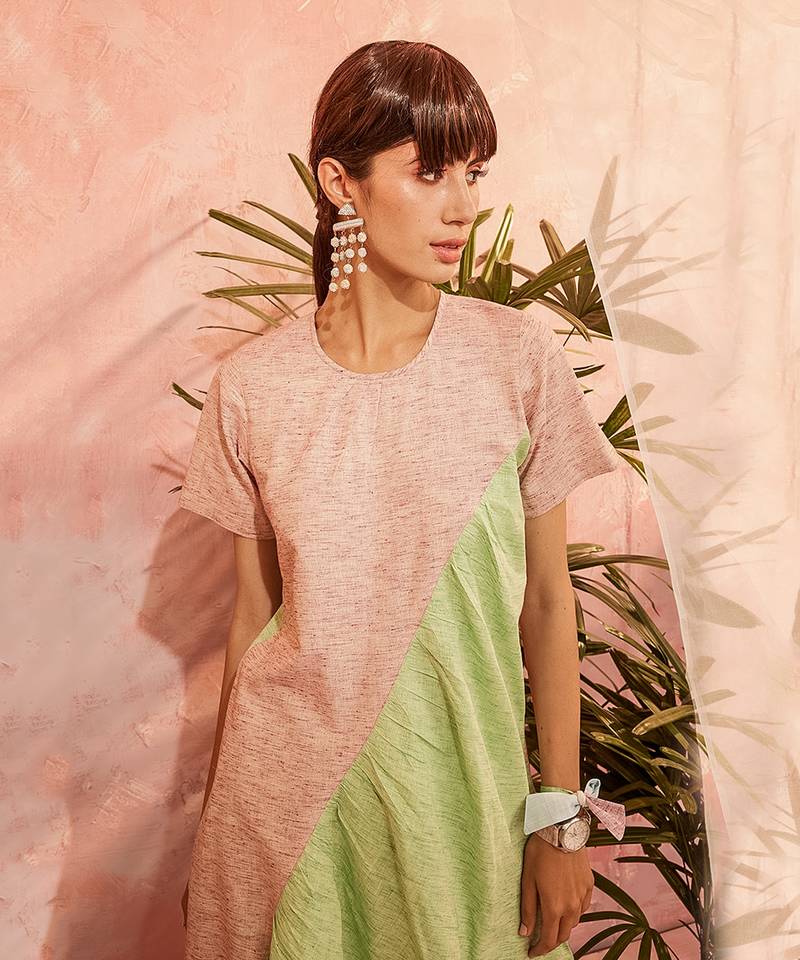 Green And Pink Front Diagonal Gather Kurta With Pant 