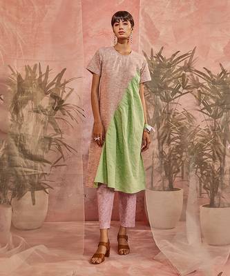 Green And Pink Front Diagonal Gather Kurta With Pant  1