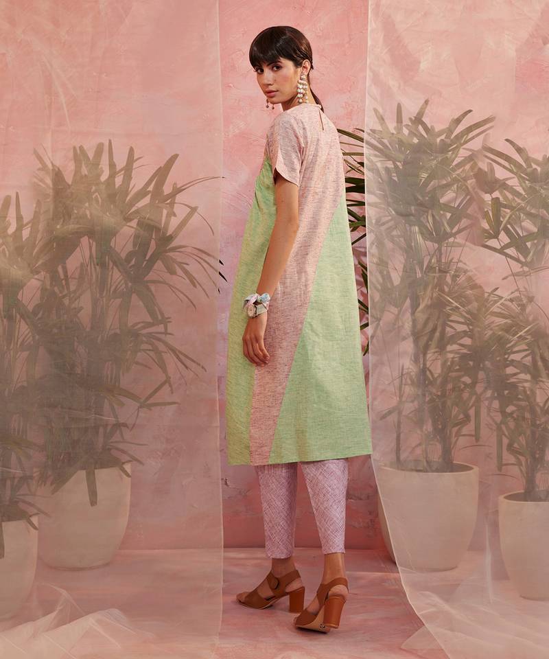 Green And Pink Front Diagonal Gather Kurta With Pant 