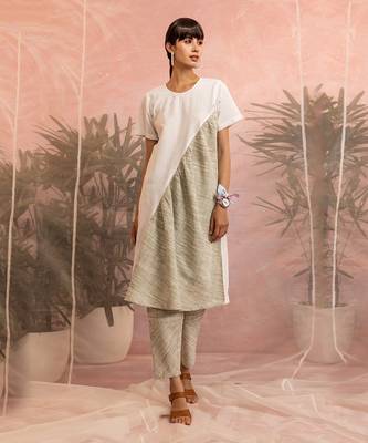 White And Olive Green Front Diagonal Gather Kurta With Pant  1