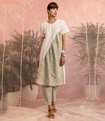 White And Olive Green Front Diagonal Gather Kurta With Pant 