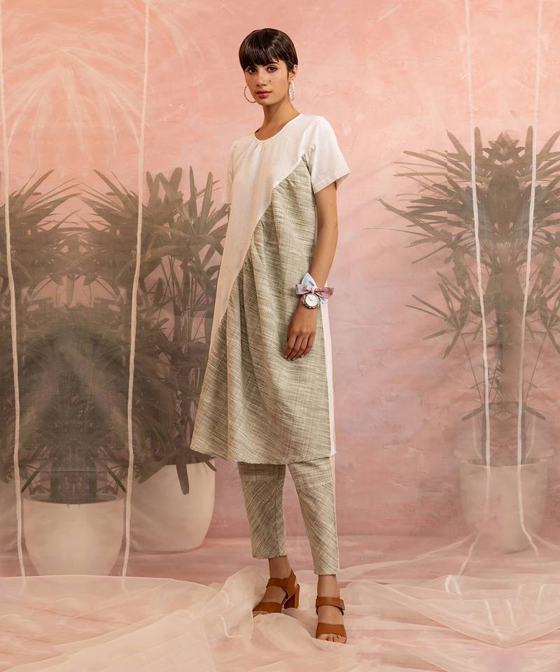 White And Olive Green Front Diagonal Gather Kurta With Pant 