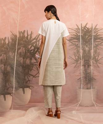 White And Olive Green Front Diagonal Gather Kurta With Pant  3