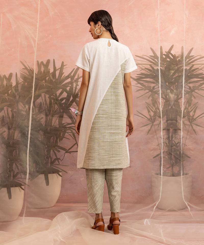 White And Olive Green Front Diagonal Gather Kurta With Pant 