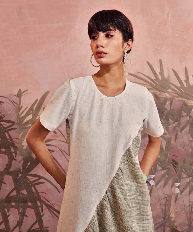 White And Olive Green Front Diagonal Gather Kurta With Pant 