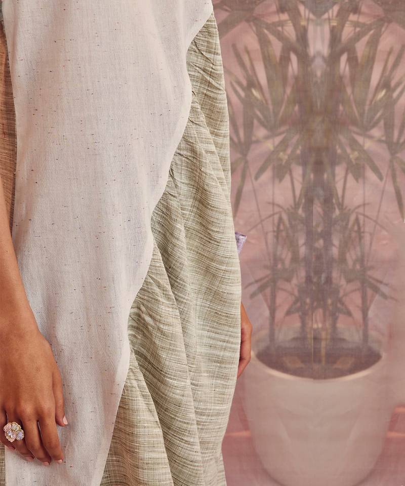 White And Olive Green Front Diagonal Gather Kurta With Pant 