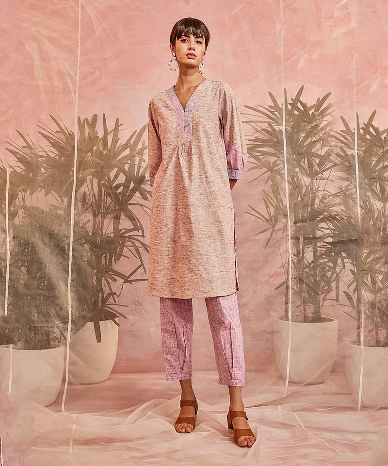 Pink Front Placket Pocket Kurta With Loose Pant 