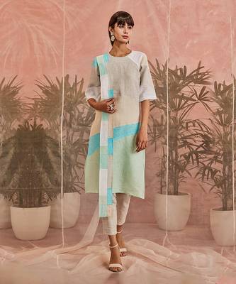 Linen Multicolored Paneled Kurta With Pant  1
