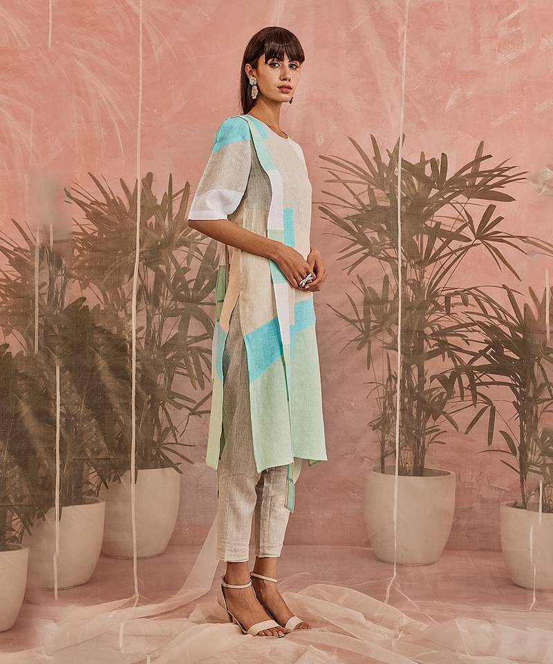 Linen Multicolored Paneled Kurta With Pant 