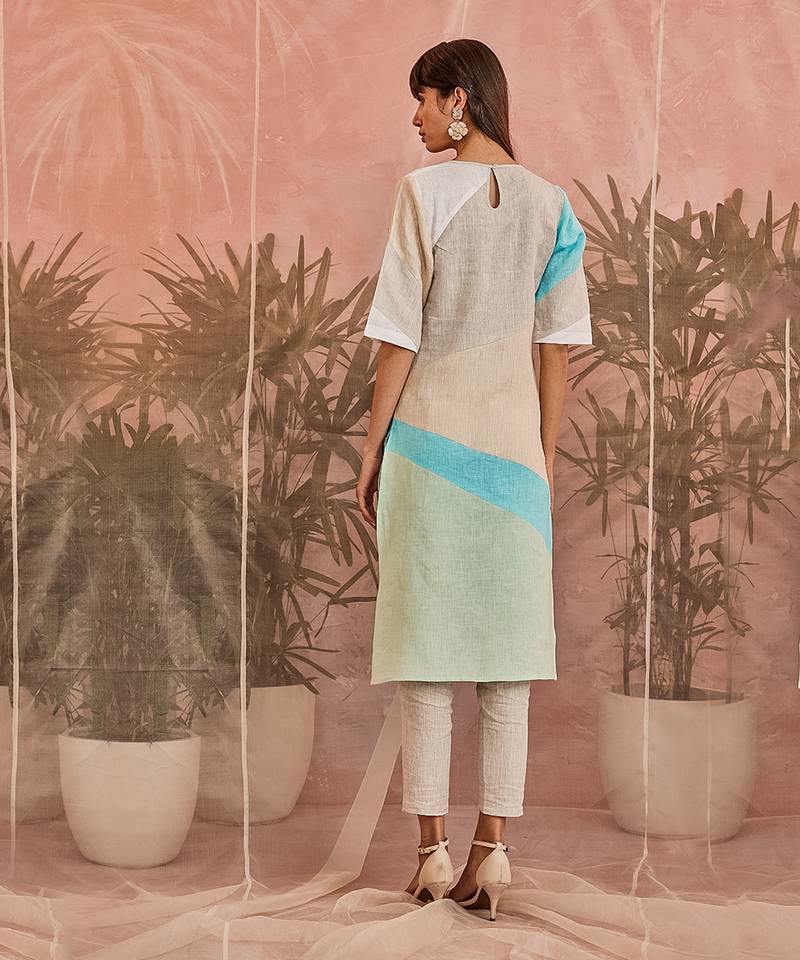 Linen Multicolored Paneled Kurta With Pant 