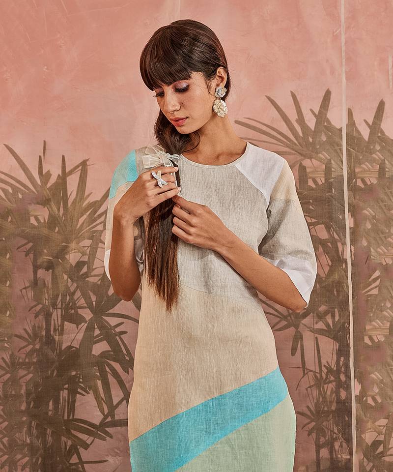 Linen Multicolored Paneled Kurta With Pant 