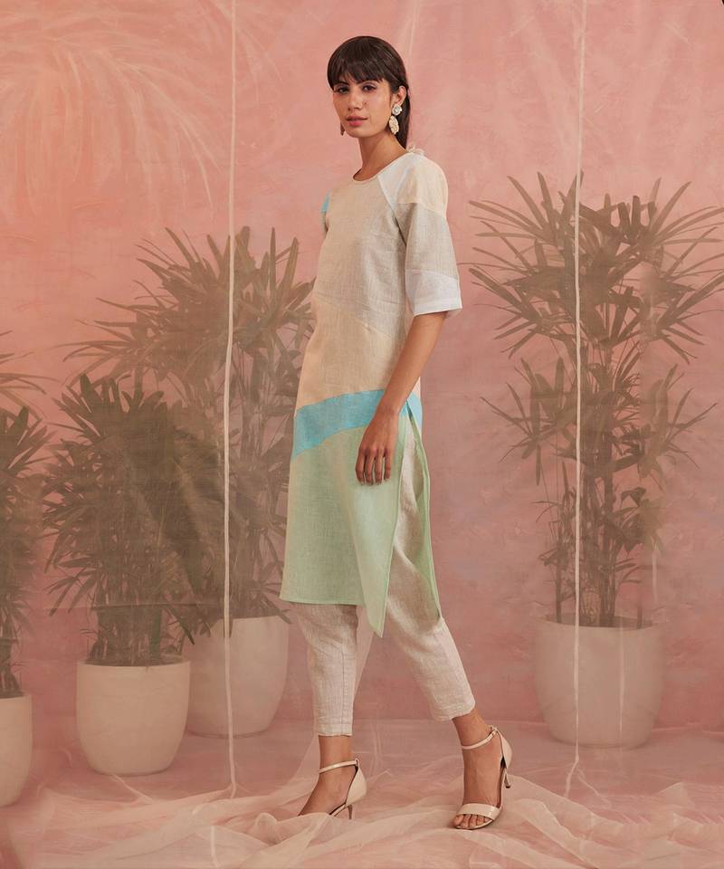 Linen Multicolored Paneled Kurta With Pant 