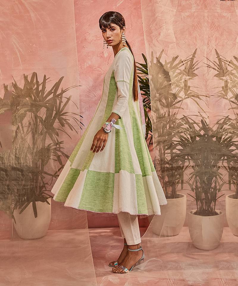 Green And White Striped Flared Anarkali With Pant  And Dupatta 