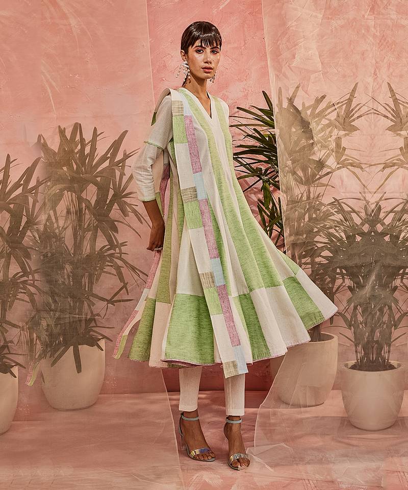 Green And White Striped Flared Anarkali With Pant  And Dupatta 