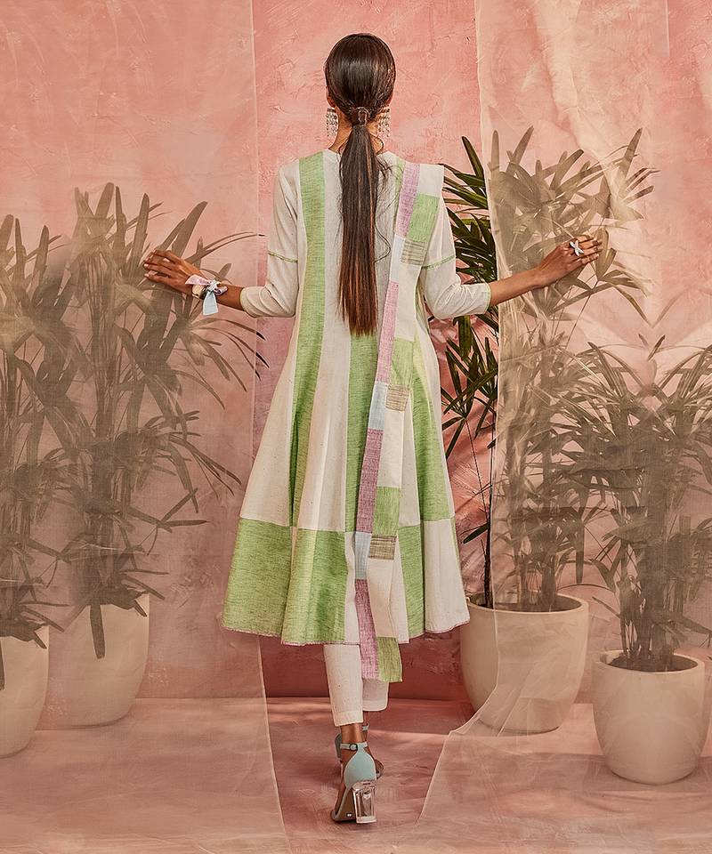 Green And White Striped Flared Anarkali With Pant  And Dupatta 