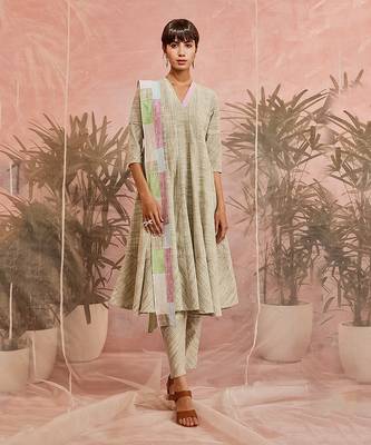Olive Textured Flared Anarkali With Pant And Dupatta  1