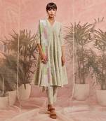 Olive Textured Flared Anarkali With Pant And Dupatta 