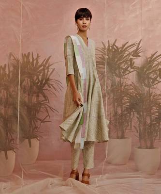 Olive Textured Flared Anarkali With Pant And Dupatta  2