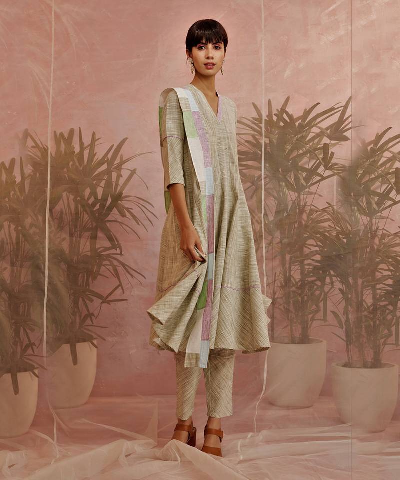 Olive Textured Flared Anarkali With Pant And Dupatta 