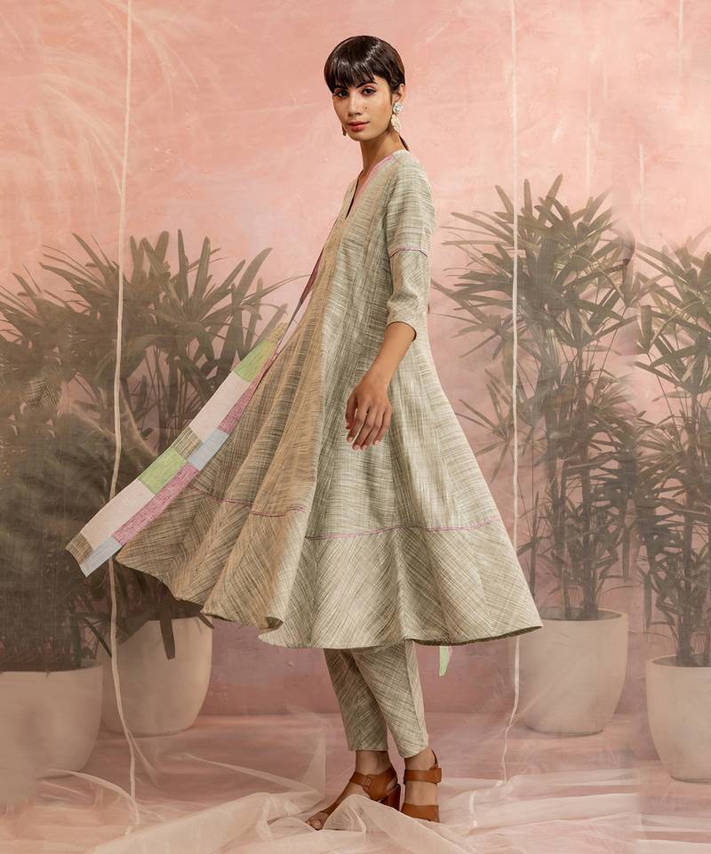 Olive Textured Flared Anarkali With Pant And Dupatta 