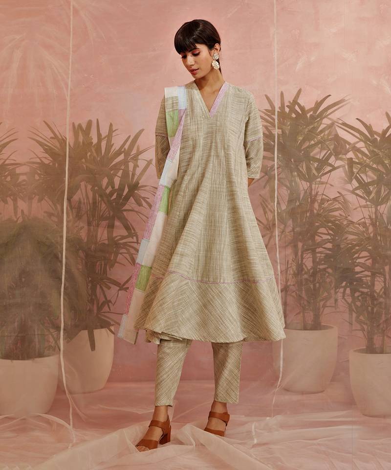 Olive Textured Flared Anarkali With Pant And Dupatta 