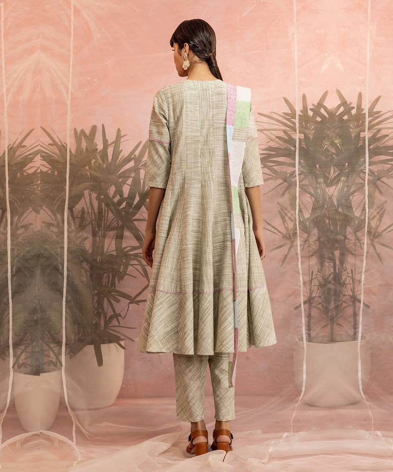 Olive Textured Flared Anarkali With Pant And Dupatta 