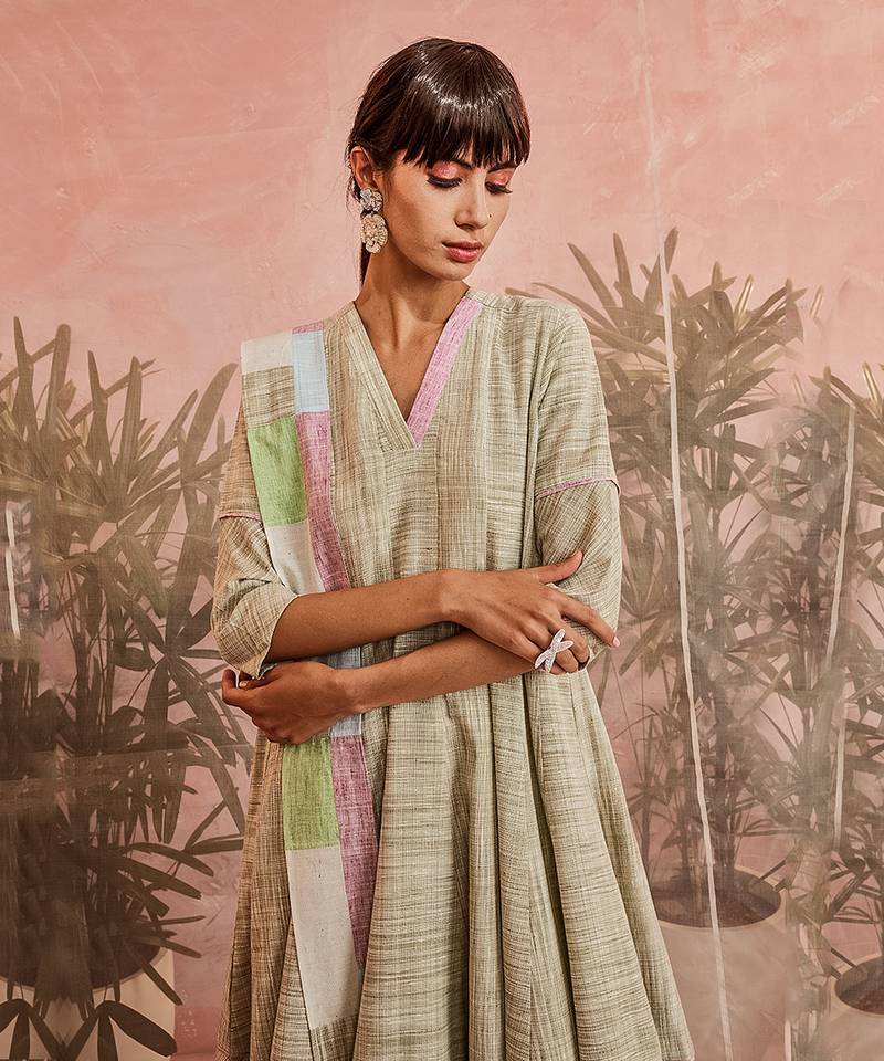 Olive Textured Flared Anarkali With Pant And Dupatta 