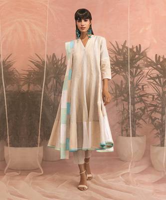 Beige And White Linen Flared Anarkali With Pants & Dupatta 1