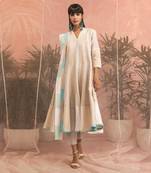 Beige And White Linen Flared Anarkali With Pants & Dupatta