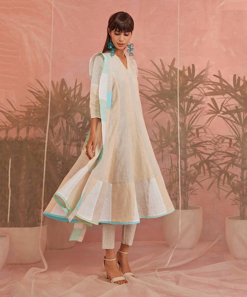 Beige And White Linen Flared Anarkali With Pants & Dupatta