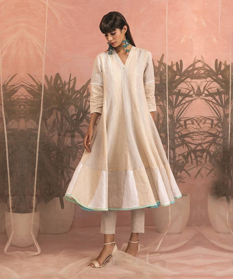 Beige And White Linen Flared Anarkali With Pants & Dupatta