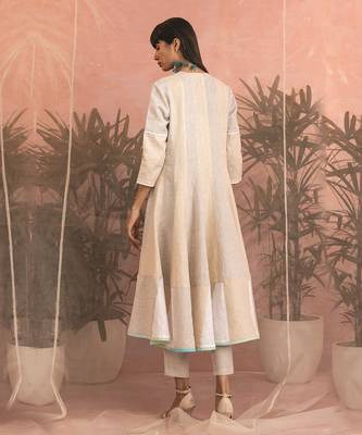 Beige And White Linen Flared Anarkali With Pants & Dupatta 4