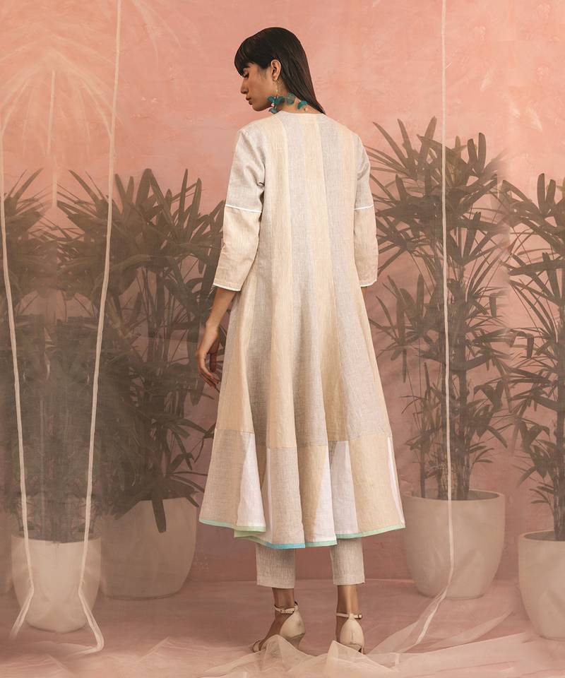 Beige And White Linen Flared Anarkali With Pants & Dupatta