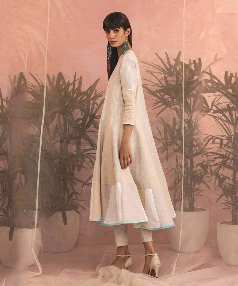Beige And White Linen Flared Anarkali With Pants & Dupatta